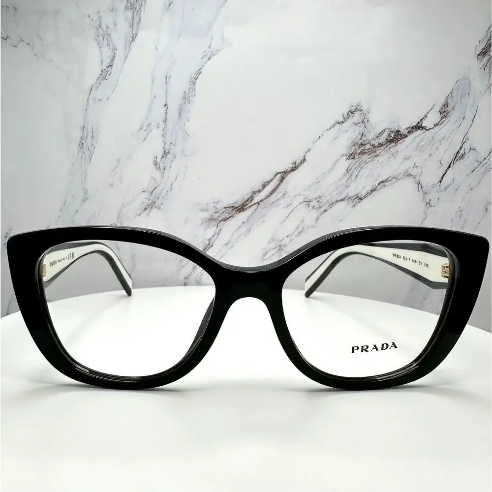New PRADA Eyeglasses Cat Eye Black White Gold 53-17-140 Womens